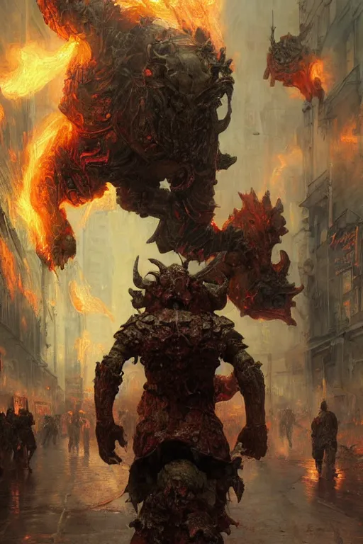 Image similar to huge bipedal hell demon with bulbous torso and flaming head wearing armour walks down city street, painted by ruan jia, raymond swanland, lawrence alma tadema, zdzislaw beksinski, norman rockwell, jack kirby, tom lovell, alex malveda, greg staples