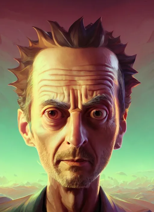 Image similar to fantasy portrait of rick from rick & morty, intricate abstract. intricate artwork, by greg rutkowski, wlop, beeple, dan mumford. concept art, octane render, trending on artstation, greg rutkowski very coherent symmetrical artwork. cinematic, key art, hyper realism, high detail, octane render, 8 k, iridescent accents