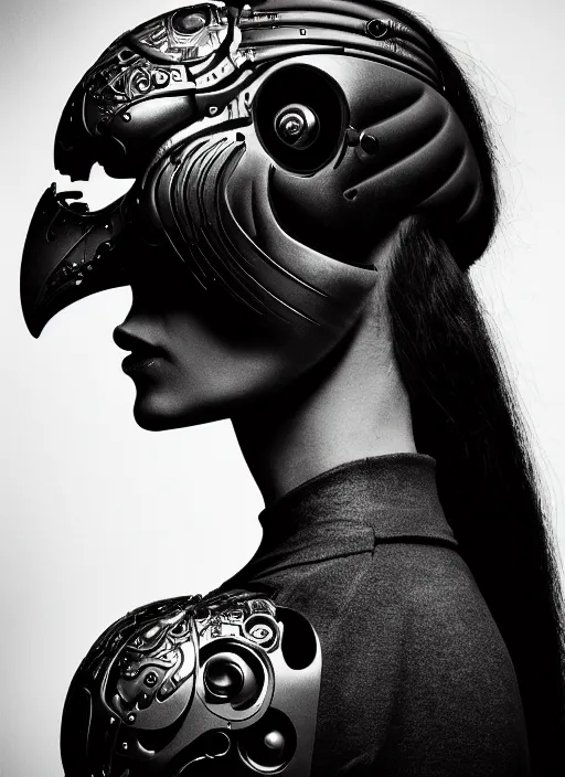 Image similar to profile portrait, a stunning young woman - cyborg with a mutant crow head, editorial photography, bw, by hans bellmer, shot on 7 0 mm, depth of field, f / 2. 8, high contrast, 1 6 k, volumetric lighting, shiny, insanely detailed and intricate, hypermaximalist, elegant, ornate