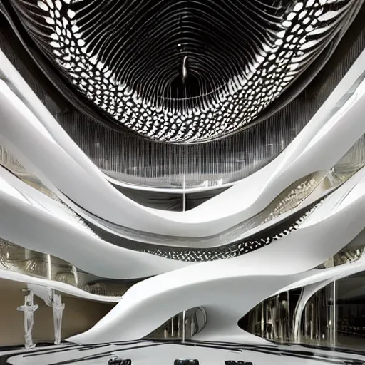 Image similar to extremely detailed ornate stunning beautiful elegant futuristic museum lobby interior by Zaha Hadid