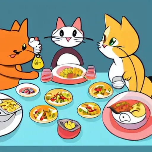 Prompt: cartoon cats having a nice dinner