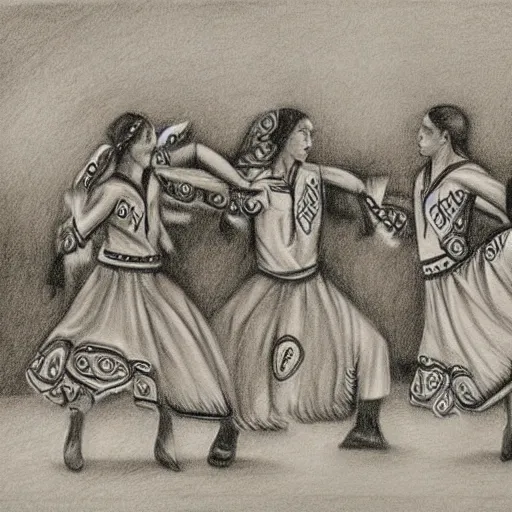 Image similar to beautiful pencil drawing in a contemporary style of round dance - folkloric dances, sharp and precise detailed picture, no faces