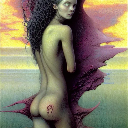 Image similar to cute young vampire tomboy girl with short short short dark hairs on lovecraftian planet by jean delville by luis royo and wayne barlowe, beksinski