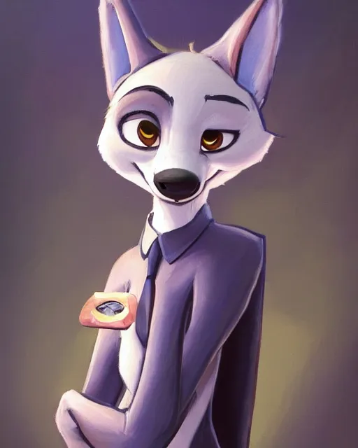 Image similar to oil painting of anthromorphic female wolf, in style of zootopia, zootopia, zootopia, fursona, furry, furaffinity, 4 k, deviantart, furry art, fursona art, wearing black business suit, business suit, in style of zootopia, wolf fursona, cyberpunk, female, expressive detailed feminine face,