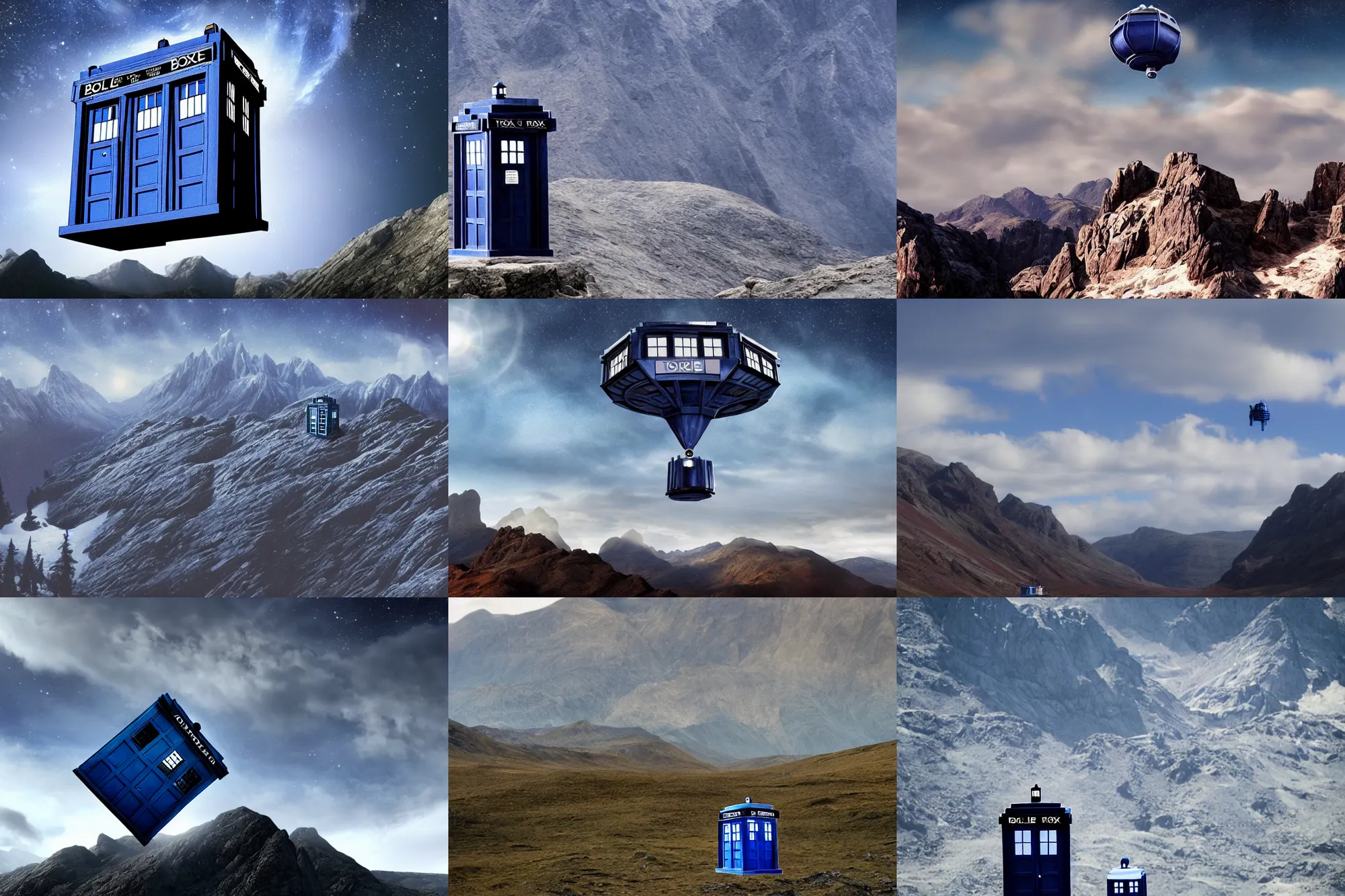 Prompt: the tardis from doctor who flying over beautiful mountains