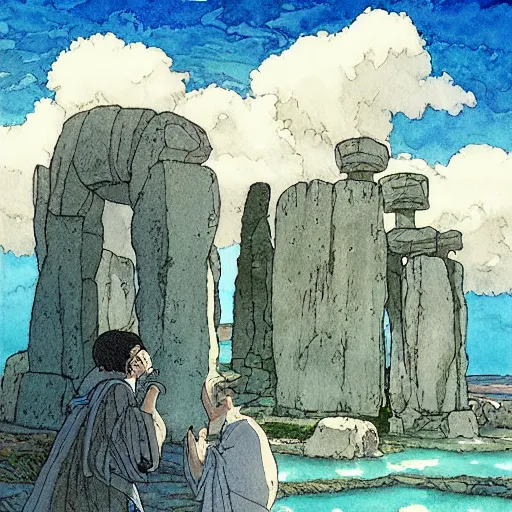 Image similar to a hyperrealist studio ghibli watercolor fantasy concept art. in the foreground is a giant monk in a grey robe lifting a stone. in the background is stonehenge. the scene is underwater on the sea floor. by rebecca guay, michael kaluta, charles vess