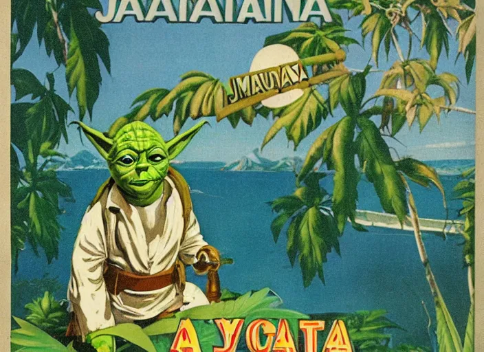 Prompt: vintage travel advertisement for jamaica, of yoda made out of green cannabis sativa, smoking a bong