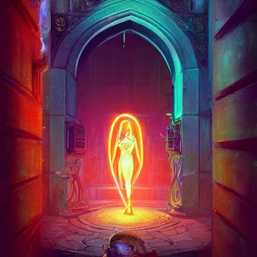 Image similar to A female tiefling, stepping through a portal from another dimension into a palace courtyard, neon flames, dramatic lighting, fantasy art by Greg Rutkowski