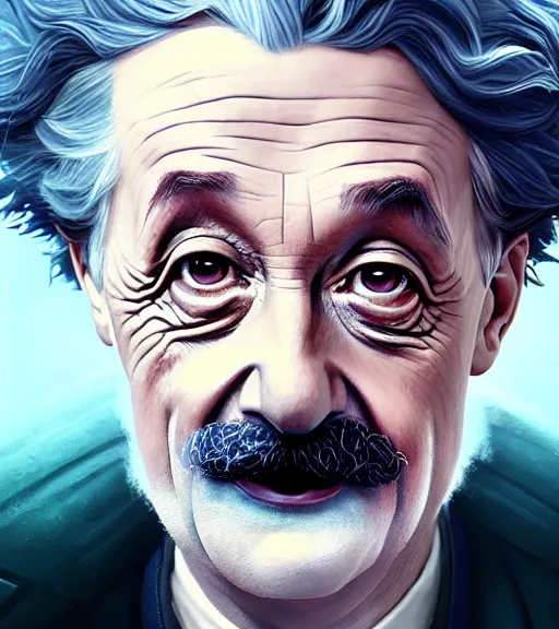 Image similar to Highly detailed portrait Einstein in GTA V, Stephen Bliss, unreal engine, fantasy art by Greg Rutkowski, Loish, Rhads, ferdinand knab, Makoto Shinkai and Lois van baarle, ilya kuvshinov, rossdraws, Tom Bagshaw, global illumination, radiant light, detailed and intricate environment