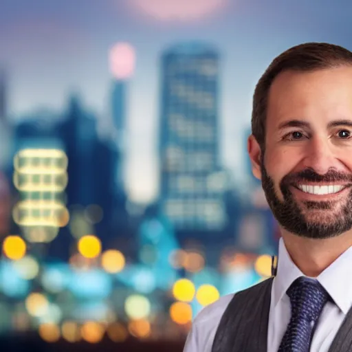 Prompt: portrait photograph of a businessman with a duck head, award winning, realistic, out of focus cityscape in background