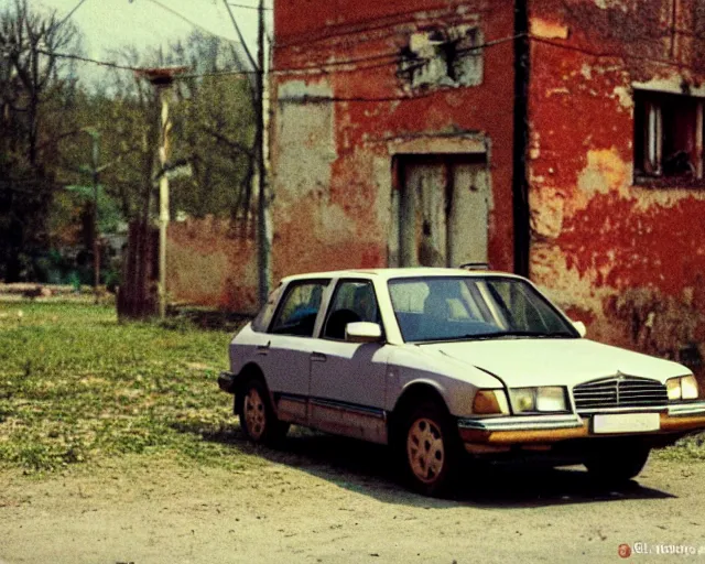 Image similar to a lomographic photo of old polonez polish car standing in typical soviet yard in small town, hrushevka on background, cinestill, bokeh
