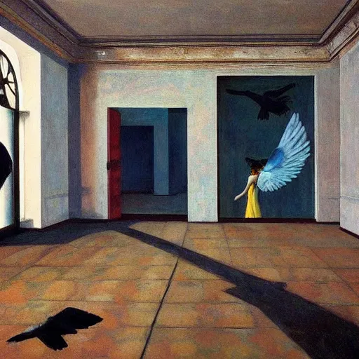 Image similar to a battle if crows in an abandoned building, hyperrealistic film still by edward hopper, by gottfried helnwein, by klimt, by paolo uccello, art nouveau, highly detailed, strong lights, liminal, eerie, metaphysical, bright pastel colors