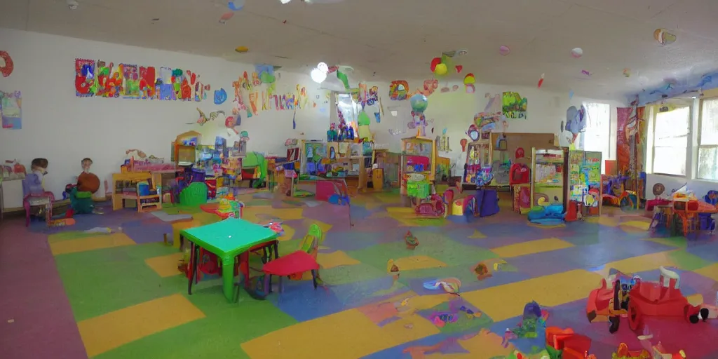 Image similar to childrens daycare indoors limital space, not well litt, creepy photo