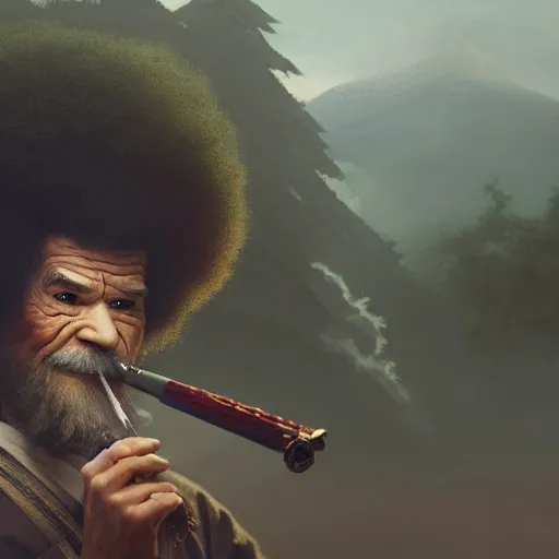 Prompt: an ultra detailed matte painting of bob ross smoking a pipe and dressed as a wandering samurai, edo japan, concept art by jeong seon and greg rutkowski, octane render, 8 k, detailed face