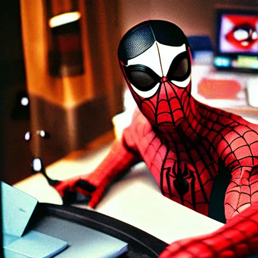 Image similar to spiderman sat at a desk playing games on a computer, 3 5 mm film photograph