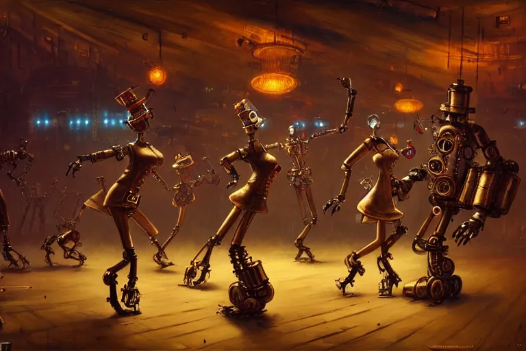 Prompt: steampunk robots expressively dancing on the dance floor by otto dix and greg rutkowski and andreas rocha, cinematic lighting, highly detailed, warm colours, 4 k