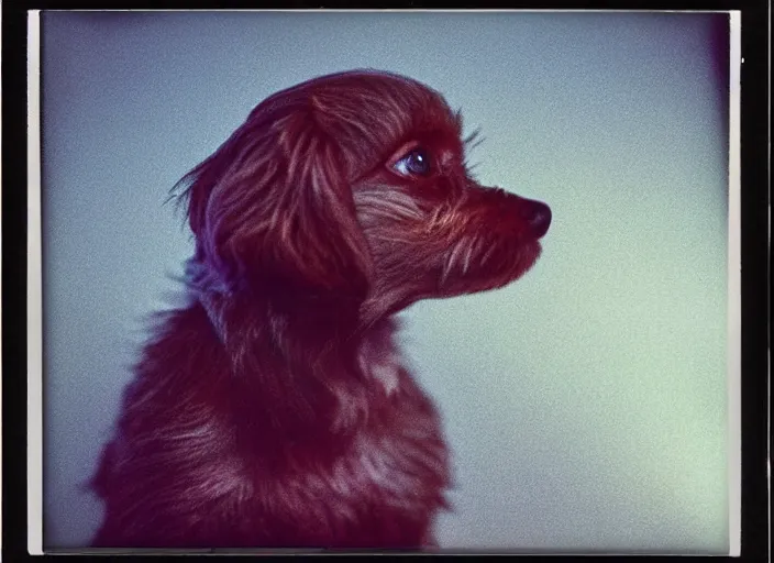 Image similar to a extreme close - up photo, color studio photographic portrait of a little dog bird hybrid, dramatic backlighting, 1 9 7 3 polaroid photo from life magazine,