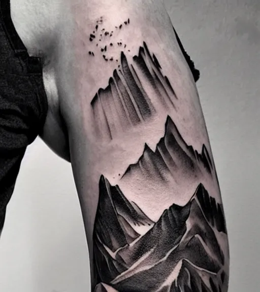 Image similar to creative double exposure effect tattoo design sketch of margot and beautiful mountains and nature, mountain scenery, realism tattoo, in the style of matteo pasqualin, amazing detail, sharp