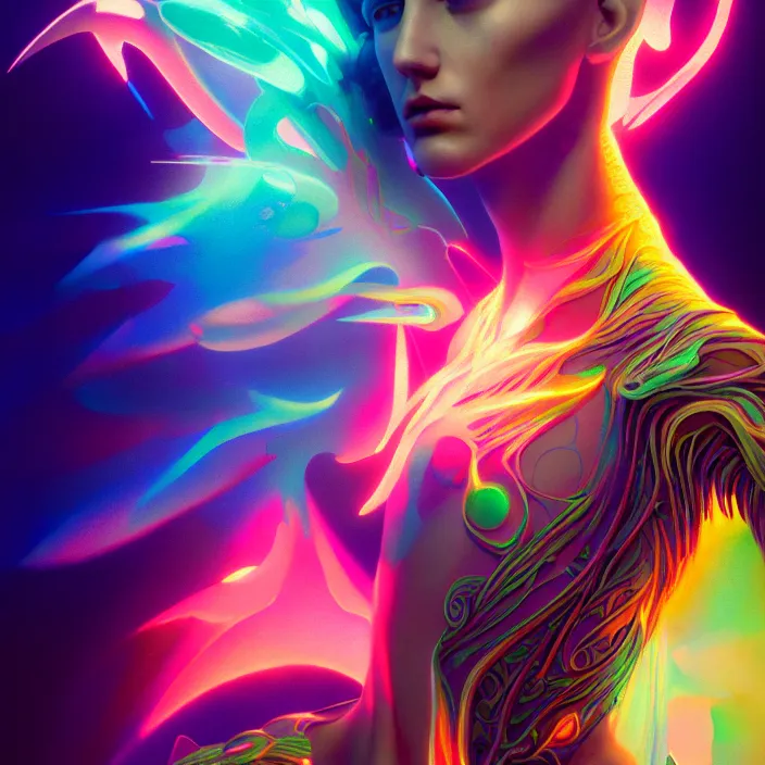 Image similar to bright psychedelic portrait of organic cyborg, wings, volumetric smoke in light rays, diffuse lighting, fantasy, intricate, elegant, highly detailed, lifelike, photorealistic, digital painting, artstation, illustration, concept art, smooth, sharp focus, art by John Collier and Albert Aublet and Krenz Cushart and Artem Demura and Alphonse Mucha