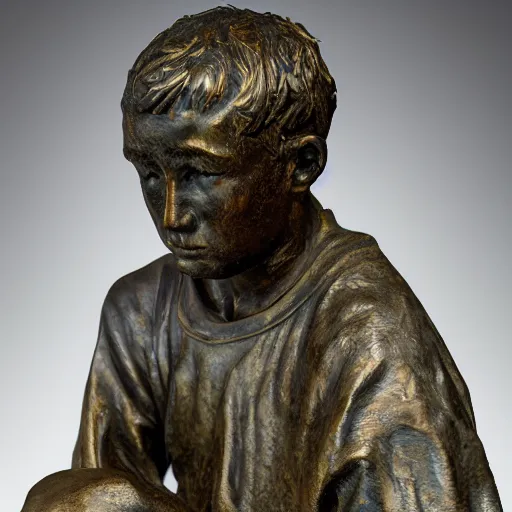 Prompt: high resolution photograph of a bronze cast sculpture of a sad peasant boy in the style of arnold böcklin