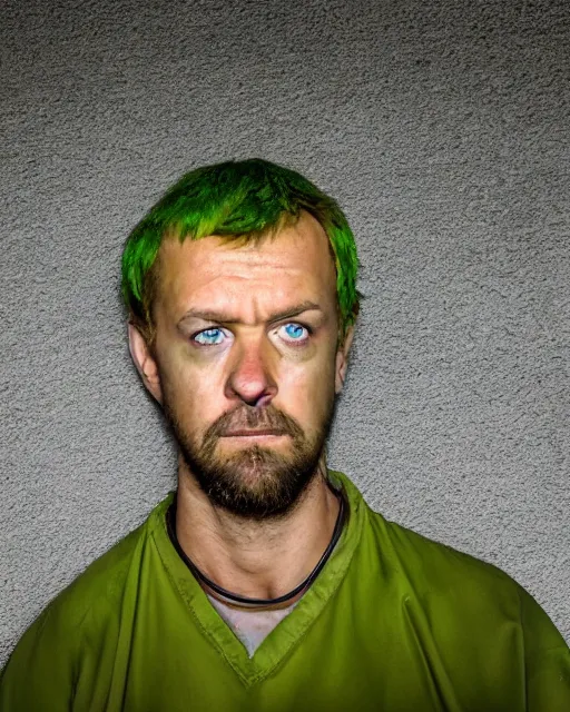 Prompt: closeup prison mugshot of shaggy, dramatic lighting, dirty green clothes, neck shackle, low saturation, somber expression, beardless, smooth face, soft vignette, soft focus, 5 0 mm, 4 k, scooby doo screenshot, photograph by annie leibovitz