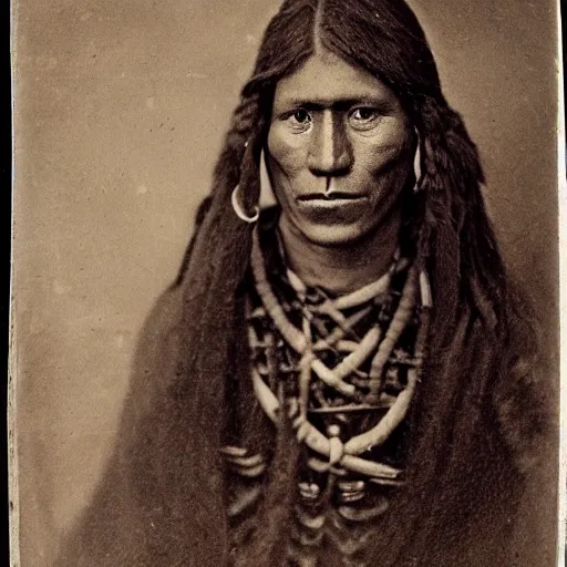 Image similar to Precolumbian America, Native American tribesmen, tribeswomen, tintype photograph, 1250 AD photograph