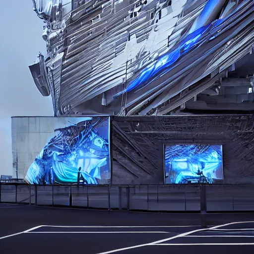 Prompt: sci-fi speed x y u shape wall structure on the coronation of napoleon painting and digital billboard in the middle, unreal engine 5, keyshot, octane, artstation trending, ultra high detail, ultra realistic, cinematic, 8k, 16k, in style of zaha hadid, in style of photogrammetry point cloud, in plastic,dark, tilt shift,