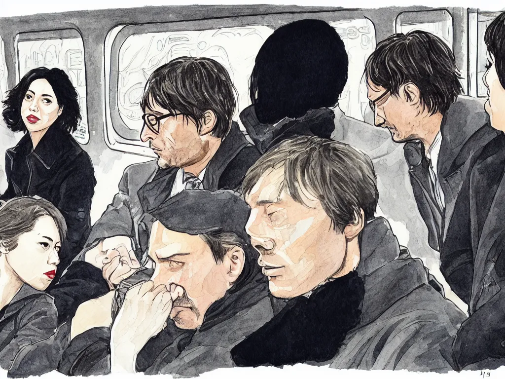 Image similar to a tight detailed ink and watercolor drawing in the style of Adrian Tomine, 3/4 low view close shot of two people sitting in a Chicago subway train: a sad Aubrey Plaza in a parka and a friendly Mads Mikkelsen in a suit