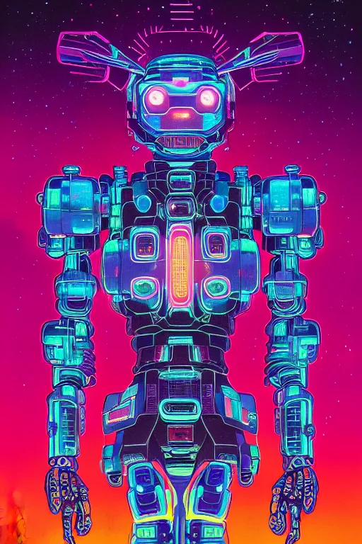 Image similar to ortographic view of Bioluminescent flourescent portrait of mecha, very intricate , by Jen Bartel and Moebius and Dan Mumford and Satoshi Kon, gouache illustration, vivid colors