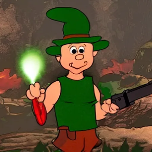 Image similar to Elmer Fudd from Loony Tunes in Doom, wearing green armor and helmet, killing demons, Bugs Bunny, rip and tear, video game