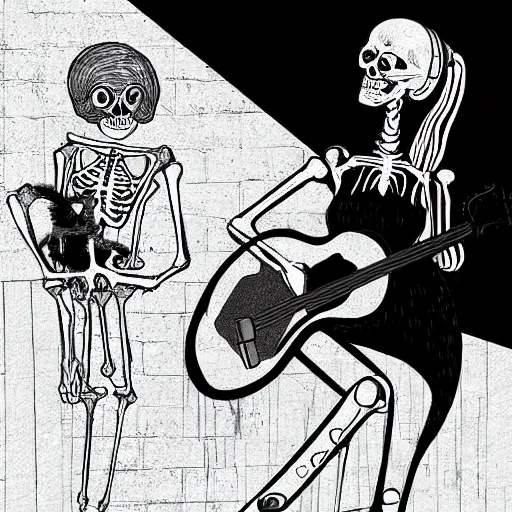 Image similar to skeleton wearing headphones watching girl playing guitar with her black cat standing next to her, digital art