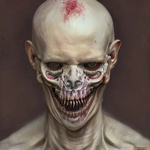 Prompt: a portrait of маргарита симоньян, flesh eating worms, macabre, horror saw teeth, horror rotten teeth, by donato giancola and greg rutkowski and wayne barlow and zdzisław beksinski, realistic face, visible face, digital art, artstation, symmetry