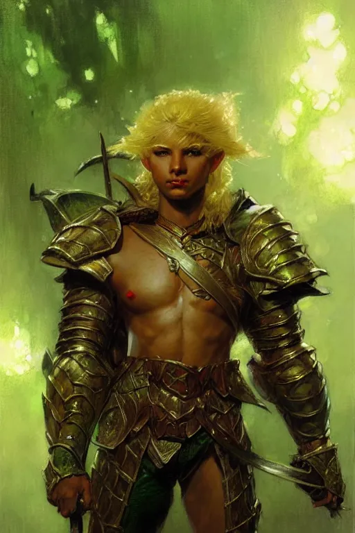 Image similar to brown skinned elf with blonde hair wearing green armor portrait dnd, painting by gaston bussiere, craig mullins, greg rutkowski, yoji shinkawa