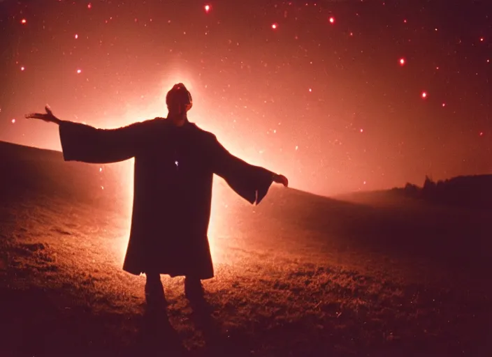 Image similar to a very good looking and dramatic sorcerer holds out their hand from which a blast of bright magic flies, on an empty moonlit hill, dramatic lighting, lens flare, 3 5 mm full frame professional photography, kodachrome