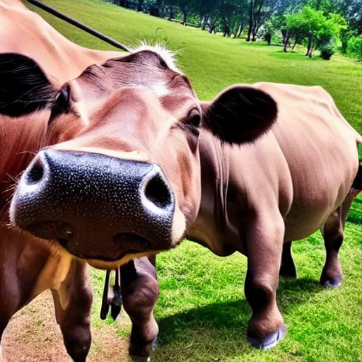 Prompt: selfie stick photo of a cow and it's hippopotamus best friend