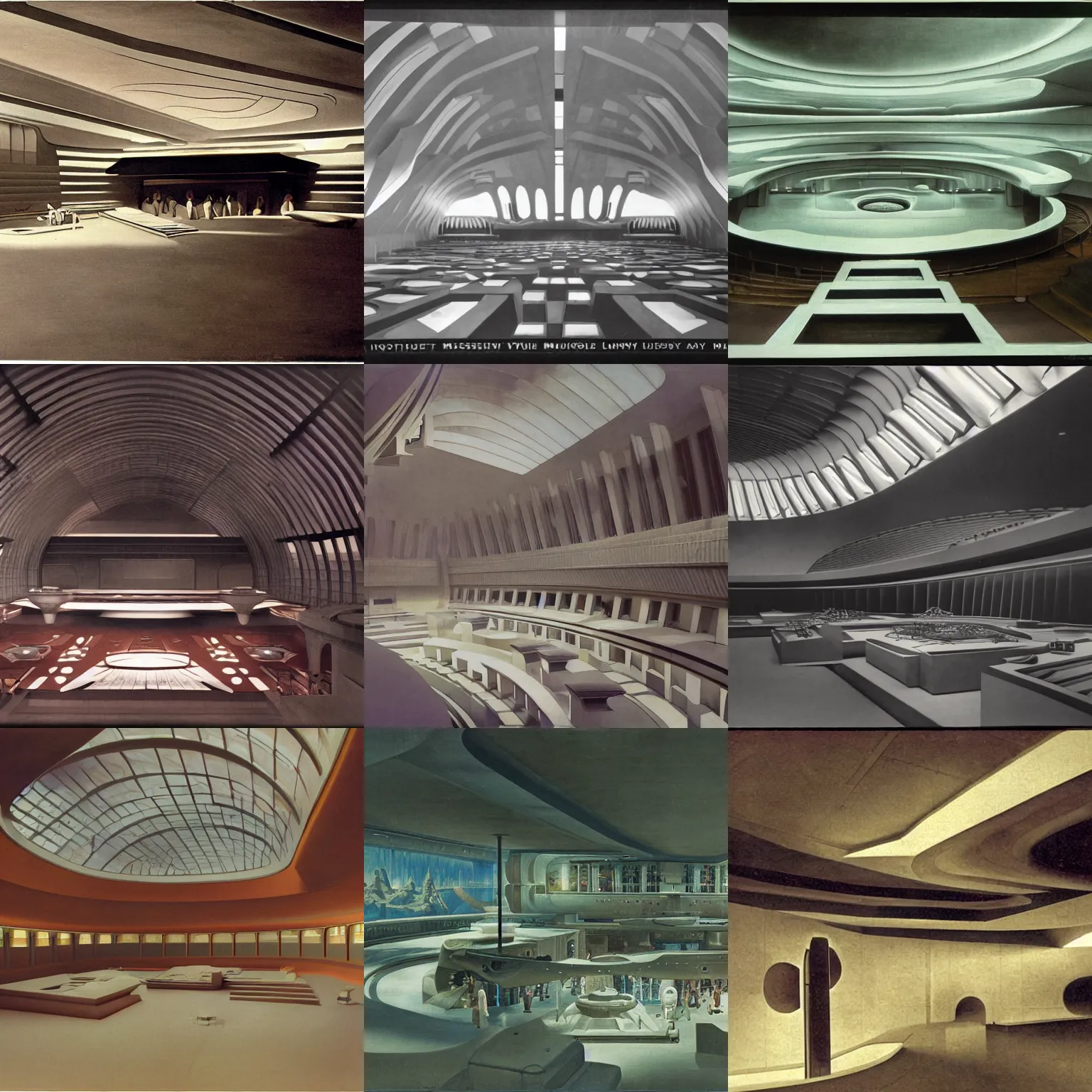 Prompt: interior view of futuristic museum luminescent matte painting by frank lloyd wright