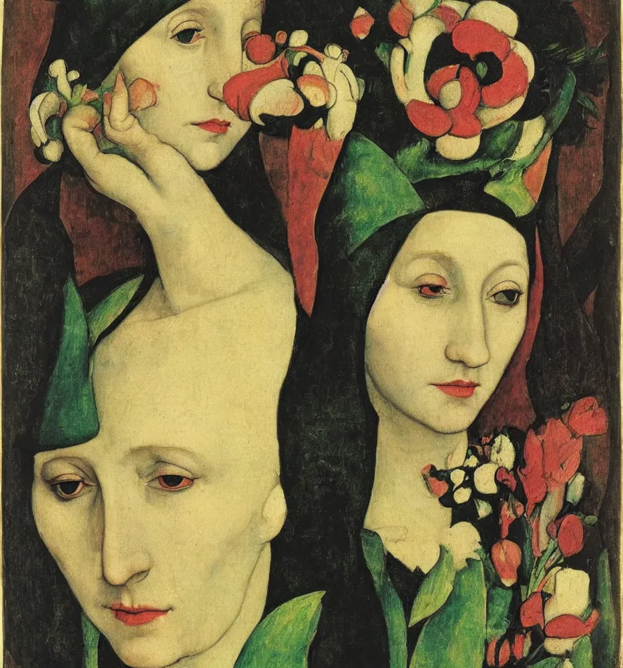 Prompt: portrait of female elf transforming into a flower, by hans holbein and alexej von jawlensky