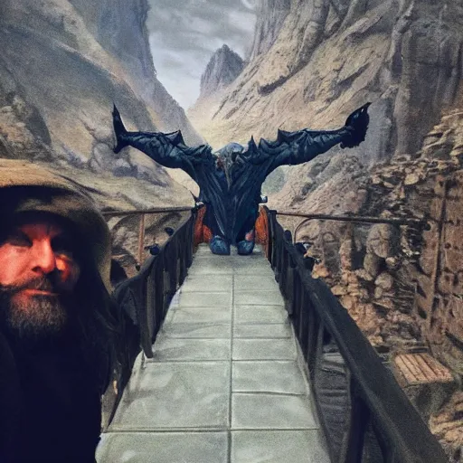 Image similar to Selfie taken by an overconfident Gandalf the Grey on the Bridge of Khazad Dum, a balrog looming in the background,