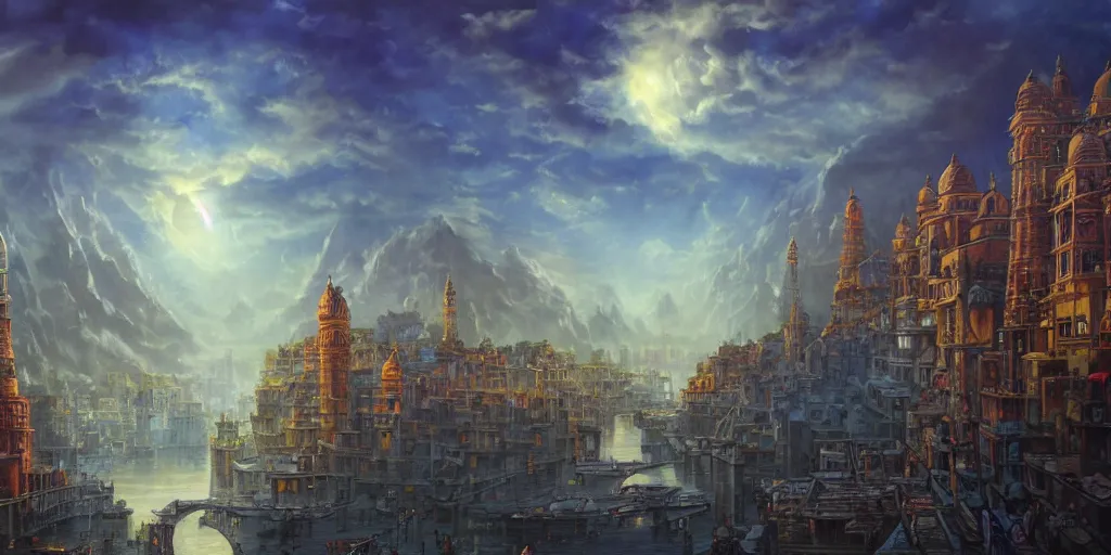 Image similar to fantasy oil painting, mega structure city of varanasi, fantasy, colossal, gate, looming, small buildings, warm lighting, street view, silhouetted figure standing overlooking, space port city, epic, distant mountains, bright clouds, luminous sky, cinematic lighting, michael cheval, michael whelan, artstation, oil painting, vray, 8 k hd