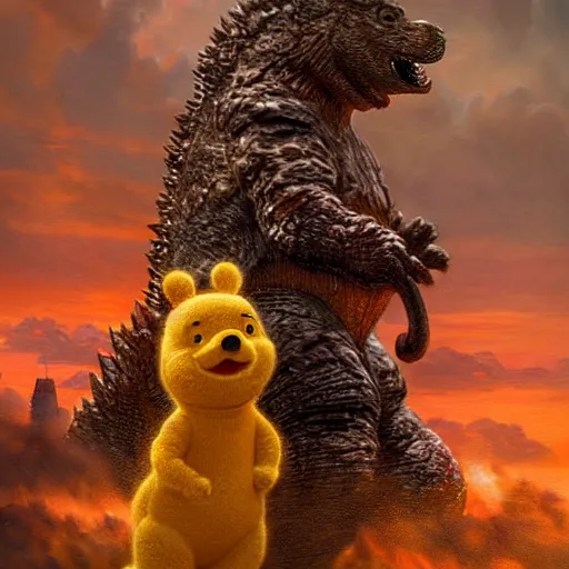 Image similar to godzilla as winnie the pooh as a gigantic muppet, cinematic composition, epic dramatic lighting, realistic, hyperdetailed, photorealistic, photograph, epic scale by gaston bussiere