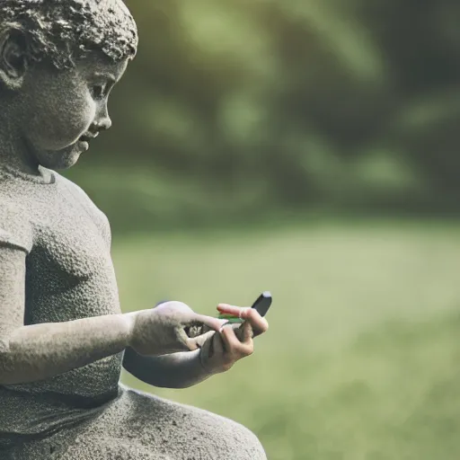 Prompt: a stone statue of a girl playing with a stone phone, 5 0 mm lens, f 1. 4, sharp focus, ethereal, emotionally evoking, head in focus, volumetric lighting, 8 k