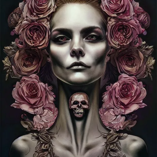 Image similar to a beautiful detailed front view portrait of a corpse woman with ornate growing around morphing into skull, ornamentation, flowers, elegant, beautifully lit, artgerm, joshua middleton comic cover art,