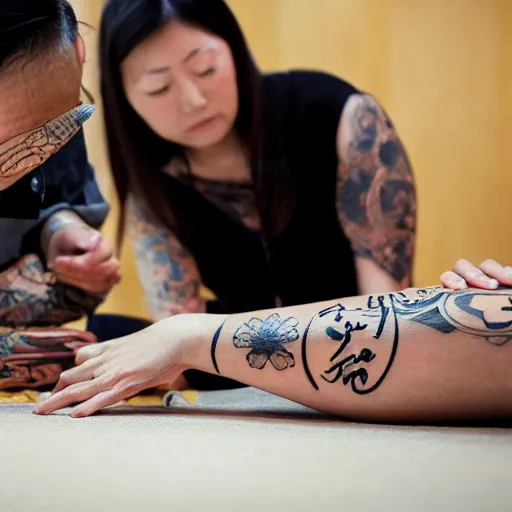 Prompt: woman getting tattoo traditional japanese on floor with old man tattooing photorealistic high detail