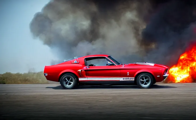 Image similar to a red 1 9 6 8 ford mustang shelby gt 5 0 0 driving high speed, fire explosion in the background, action scen. realistic. high resolution. dramatic