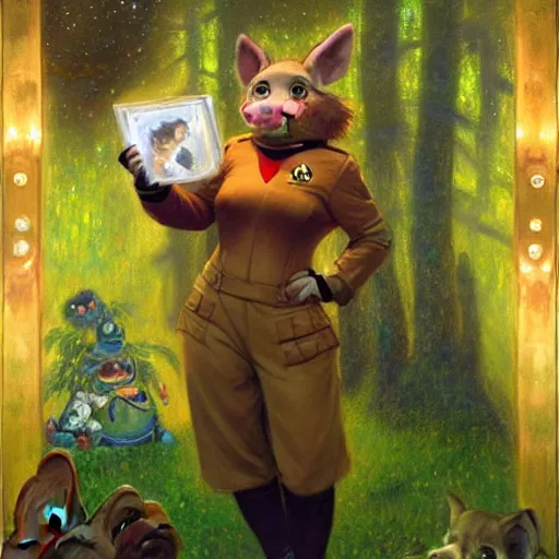 Image similar to a female pig canine in starfleet uniform at night in a dark forest. zootopia fursona furaffinity furry art detailed face painting by gaston bussiere craig mullins jc leyendecker gustav klimt artgerm greg rutkowski furry