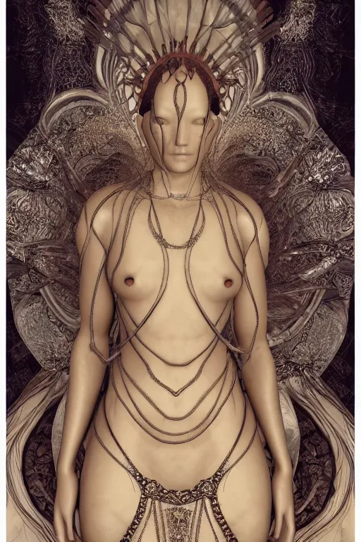 Prompt: a realistic moody portrait photo of a beautiful ancient alien woman goddess kate moss standing in iris van herpen dress jewelery and fractals in style of alphonse mucha art nuvo dmt trending on artstation made in unreal engine 4