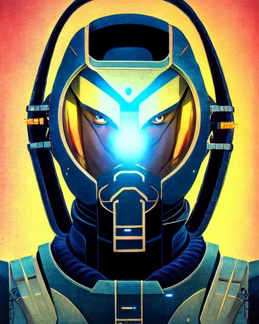 Image similar to hanzo from overwatch, cyber suit, hologram mask, character portrait, portrait, close up, concept art, intricate details, highly detailed, vintage sci - fi poster, retro future, vintage sci - fi art, in the style of chris foss, rodger dean, moebius, michael whelan, and gustave dore