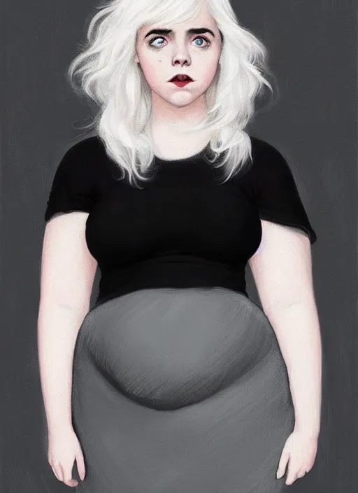 Image similar to full body portrait, kiernan shipka as sabrina spellman, white hair, obese, bangs, sultry, realistic, sultry smirk, fluffy bangs, curly bangs, fat, belly, intricate, elegant, highly detailed, digital painting, artstation, concept art, smooth, sharp focus, illustration, art by wlop, mars ravelo and greg rutkowski