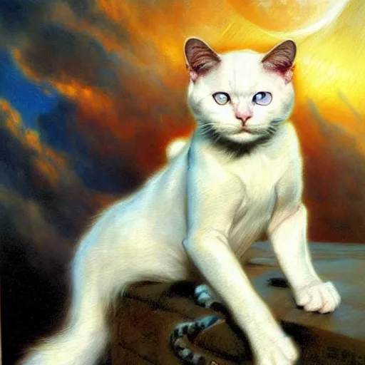 Prompt: a portrait of a manly dr crusher white cat feline, blue eyes, star trek the next generation. highly detailed painting by gaston bussiere, craig mullins, j. c. leyendecker, furry