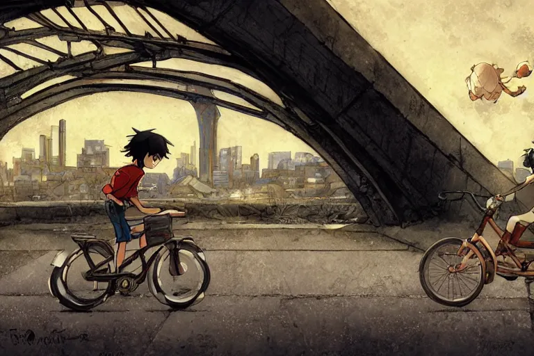 Prompt: a boy riding his bike under a bridge, high intricate details, rule of thirds, golden ratio, cinematic light, anime style, graphic novel by fiona staples and dustin nguyen, by beaststars and orange, peter elson, alan bean, studio ghibli, makoto shinkai